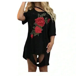 🆕Black Hollows Out T-Shirt Dress 3D Rose 2X🆕